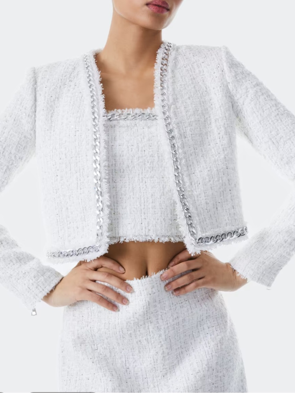 Alice and Olivia Zeta tweed chain trimmed crop jacket
